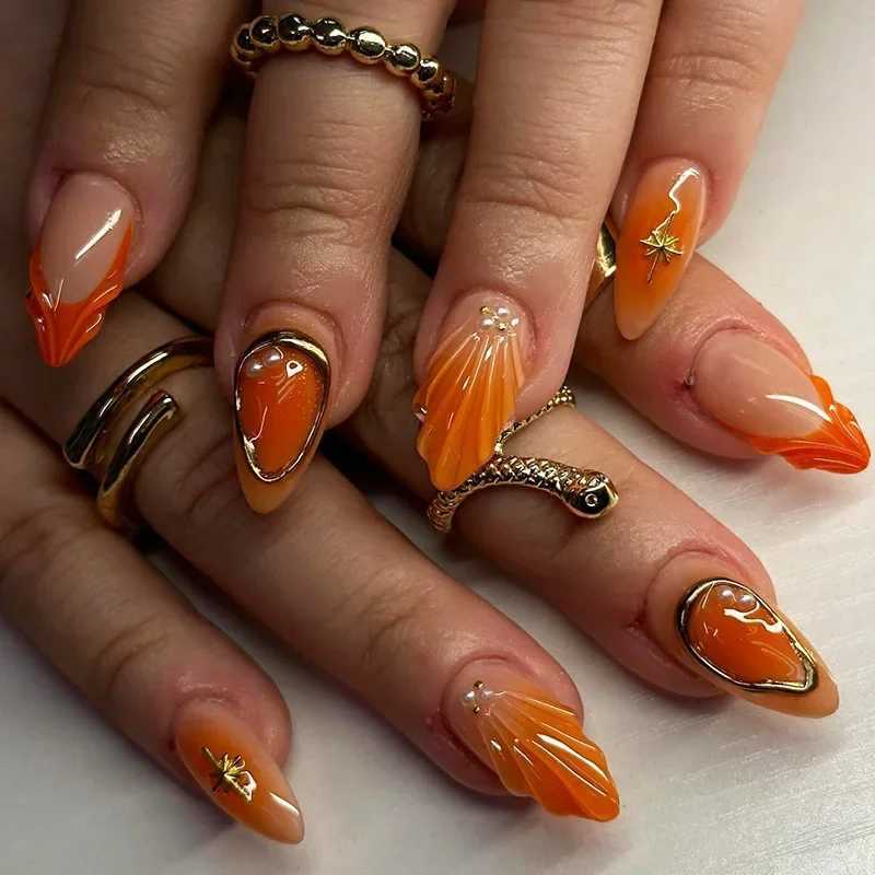 24pcs Simple Lightweight Orange Acrylic Nail Pearl Almond Fake Nail Press on Phnom Penh Glue to Nail with Design Nail Art W250410