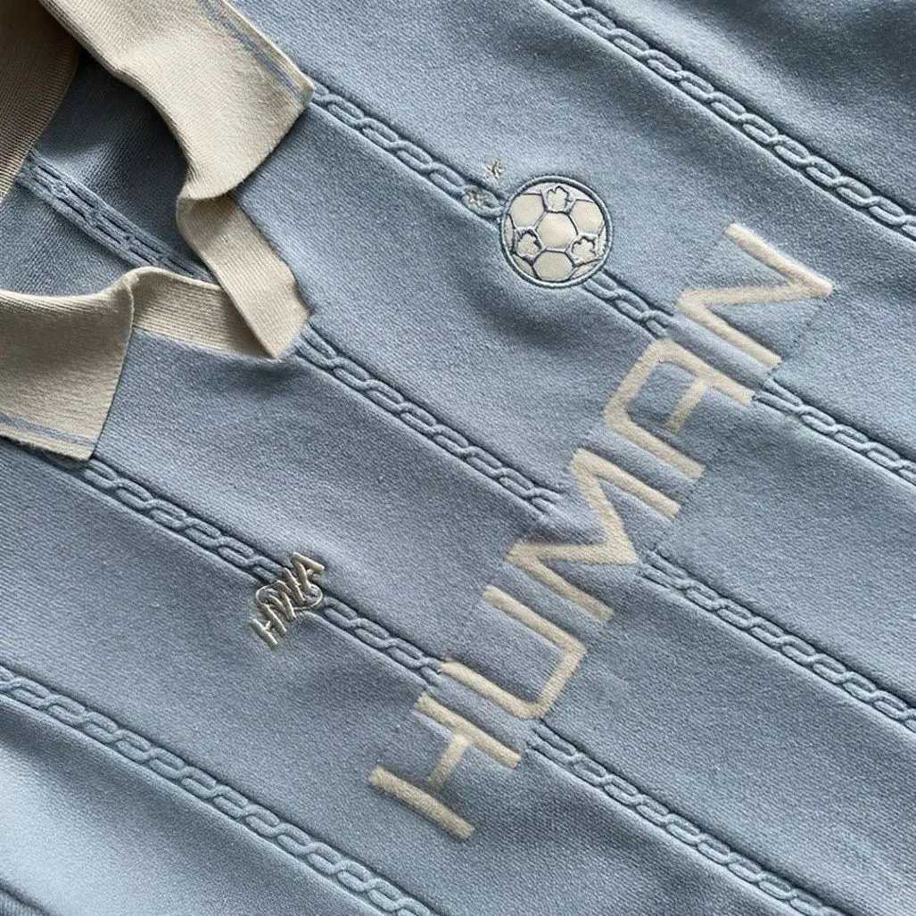 Fashion American Street Brand HUMAN Embroidered Polo Sweater Unisex Football Element Lapel Long-Sleeve Retro Loose Knit Top Y251110