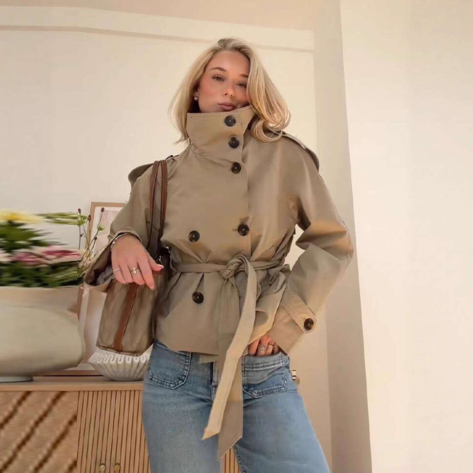 European and American Cross-Border Autumn Winter New Women's Fashion Elegant Commuter Stand Collar Double-Breasted Waist-Tie Trench Coat