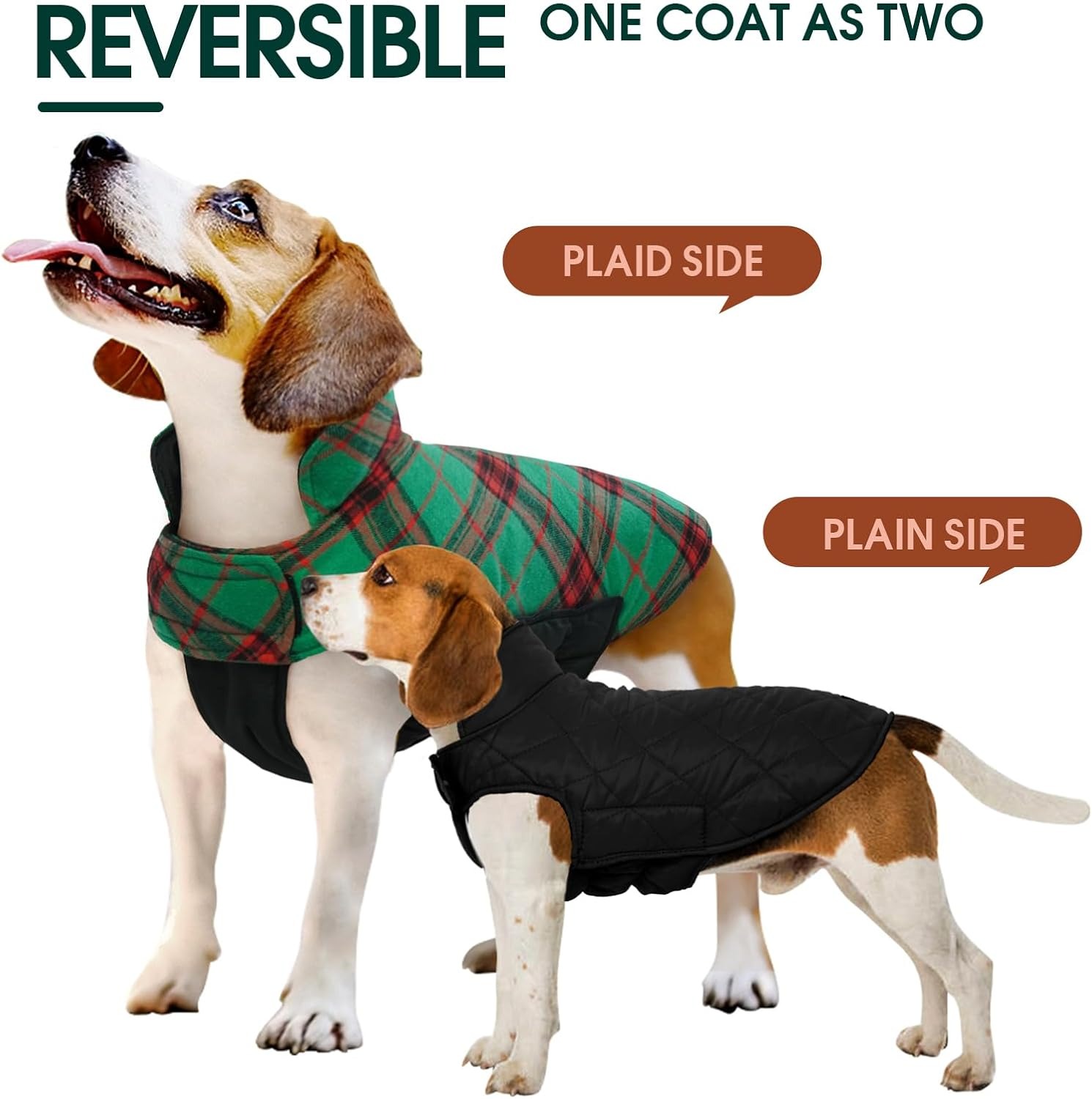 Kuoser Reversible Waterproof Dog Coat - British Plaid Winter Jacket for Small Medium Large Dogs