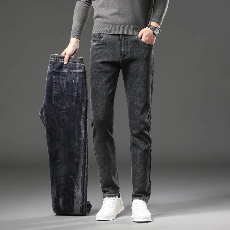 Winter wool thick warm jeans mens ultrathin straight elastic denim pants casual clothing plush Trousers 250407