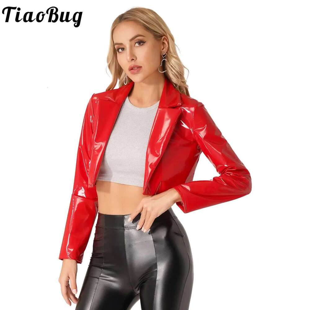 Women's Glossy Wetlook Blazer With Lapels Short Jacket Latex Leather Long Sleeve Cropped Coat Rave Party Clubwear