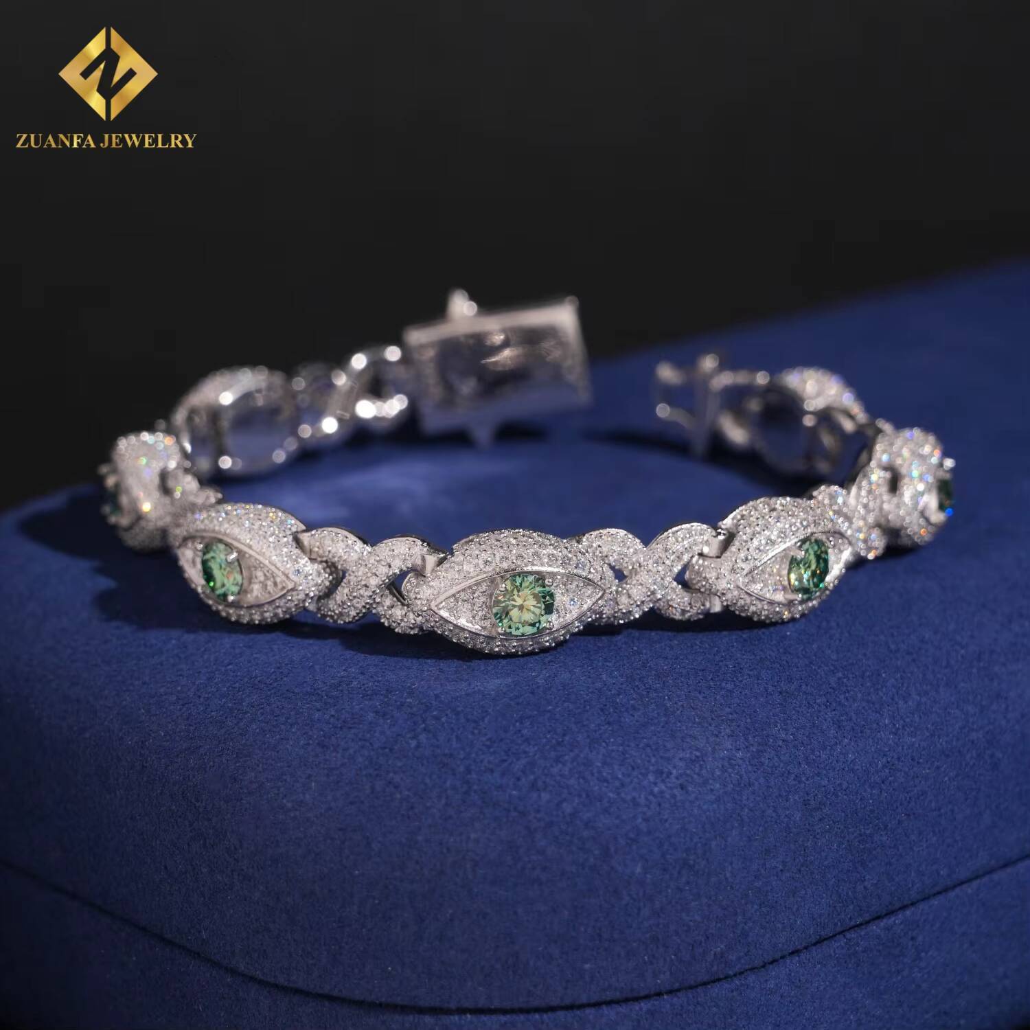 Iced Out Vvs Moissanite Green Blue Eye Charm Bracelet Men 925 Silver Hip Hop Jewelry Infinity Cuban Link