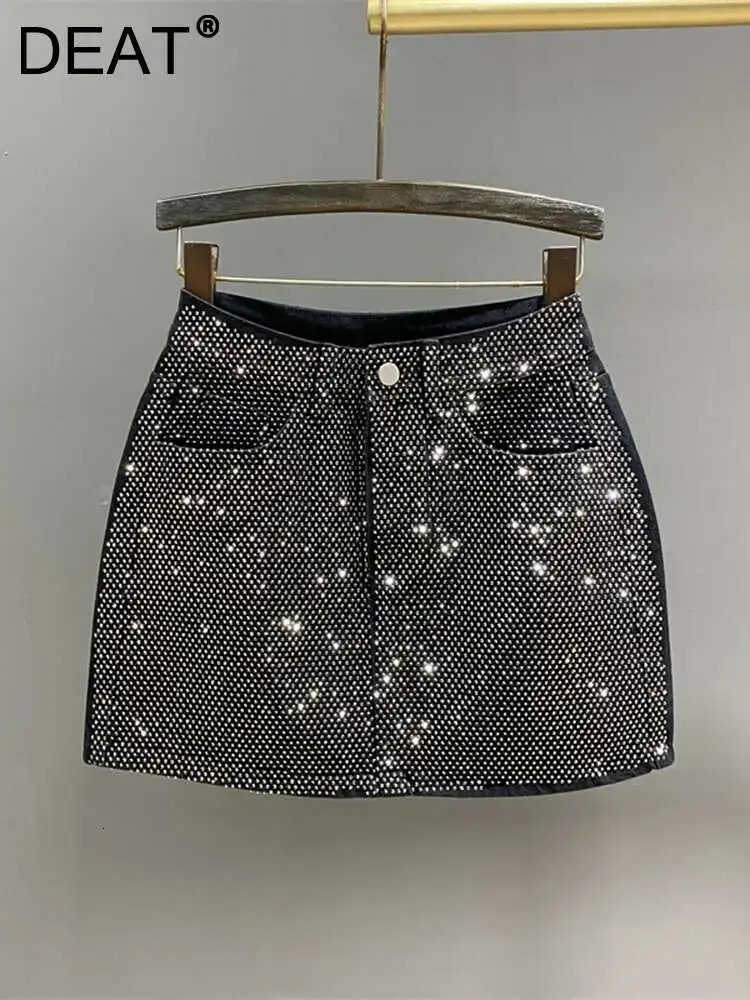 DEAT Womens Denim Skirt All Diamond Ultra Thin High Waist Black Aline Package Hip y Mini Spring Fashion 29L1188 250410