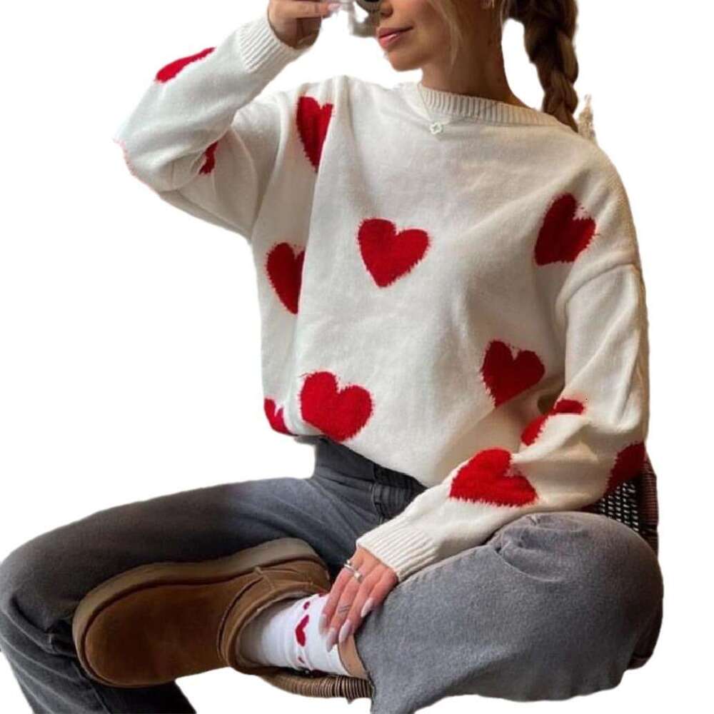 Heart Jacquard Round Neck Autumn Winter Sweater for Women Cross-Border Wholesale European and American 2025 Loose Casual Thickened Knitted Top