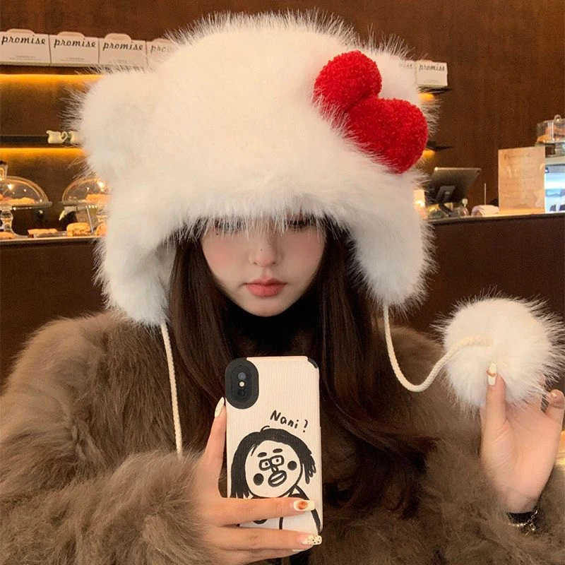 Sanrio Kawaii Hello Kitty Plush Bomber Cap Winter Sweet Red Bow Hat Cute Women Warm Windproof Ear Protection Pom-Pom Christmas Gifts H251110