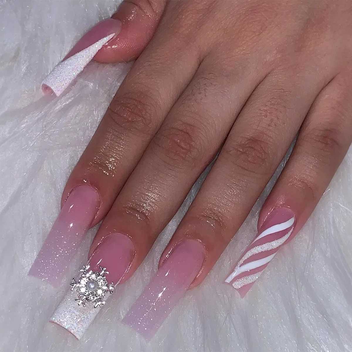 24Pcs super rectangular fake nails with adhesive 3D bear bow design fake nails white French press wearable nails W250410
