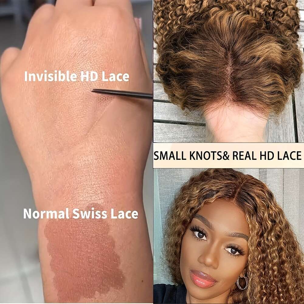 Women's 250% Density Glueless HD Frontal Wig Pre-Plucked Honey Blonde Ombre Highlights Deep Wave Curly Human 13X4 Lace With 4/27 Colored Real Hai