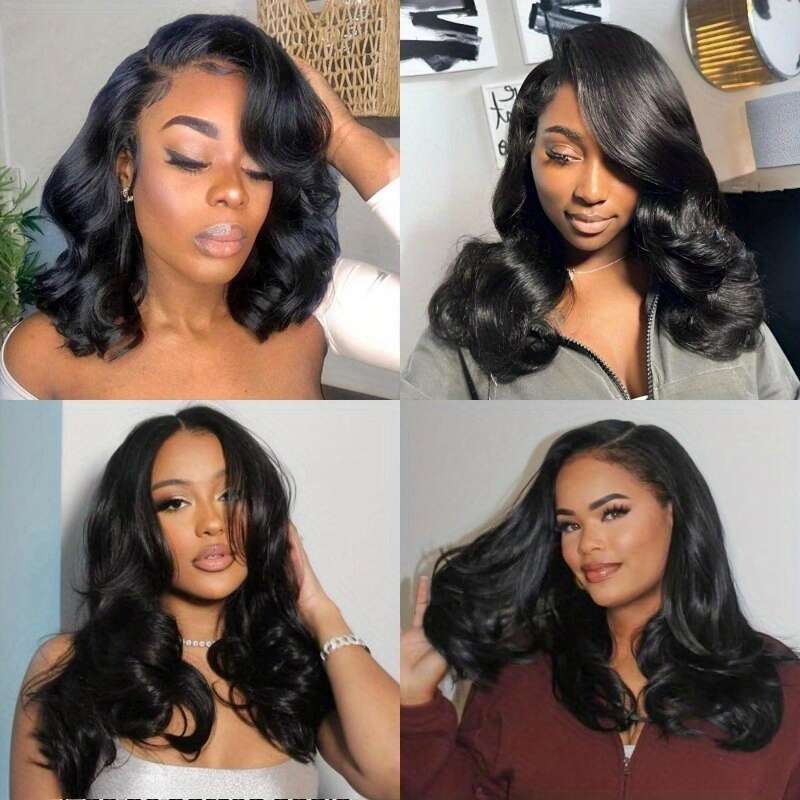 200% Density Human Bob - Body Wave, Pre-Plucked & Pre-Cut, 13X4 HD Lace Closure, Natural Black Color, Elastic Band Fit, Perfect For Women, Short Hair 