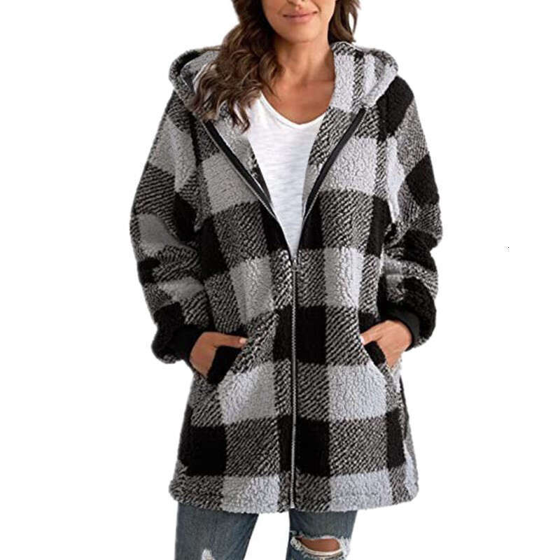 European and American Style Plush Women's 2024 New Amazon Long Sleeve Plaid Hooded Zipper Pocket Loose Jacket