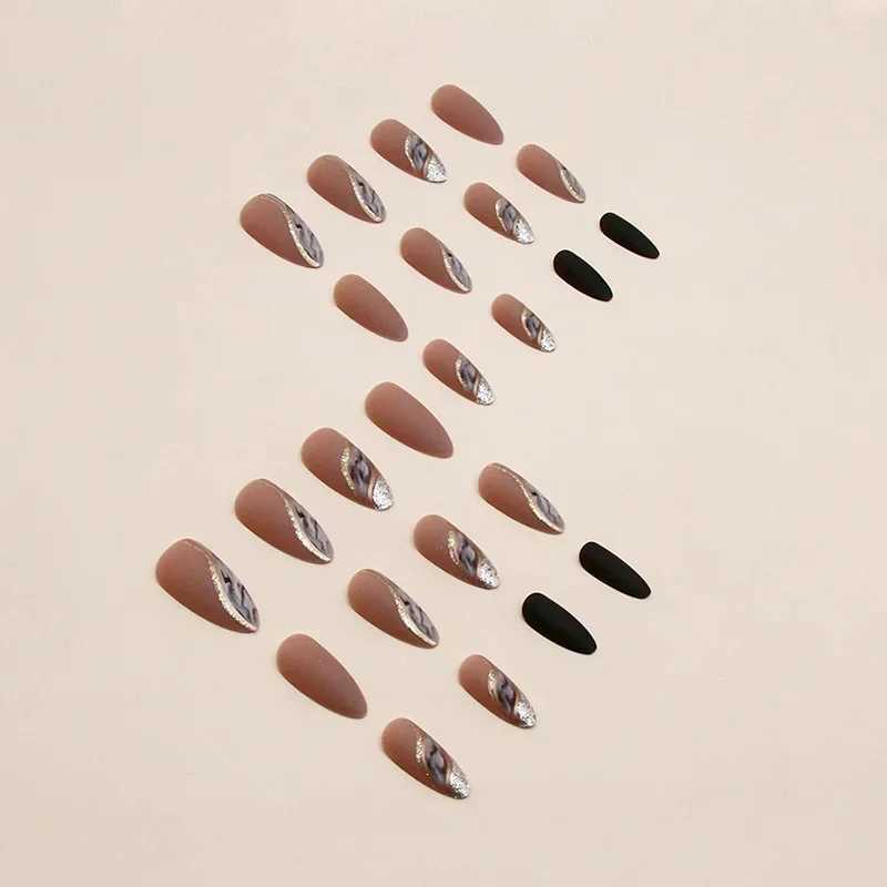 24 fake nails from Brown Lake with jelly stickers pressed on top of the fake nails wearable round headed oval shaped fully covered nail tips W250410
