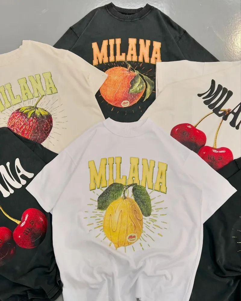 Y2k street fruit letter printed short sleeved oversized cotton T-shirt mens street style summer top Harajuku loose couple shirt 250409
