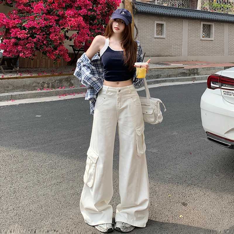 High Waist Relaxed Fit Drag Bottom Casual Loose Women Jeans Trousers Long Pant Wide Leg Denim Overalls C251110
