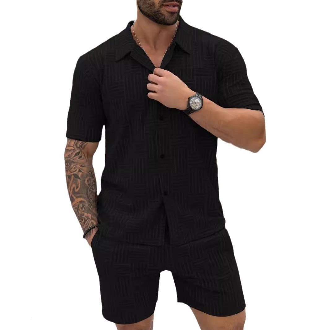 2024 Summer New Mens Leisure Sports Set Jacquard Knitted Shirt Mens Short Sleeve Set Trendy