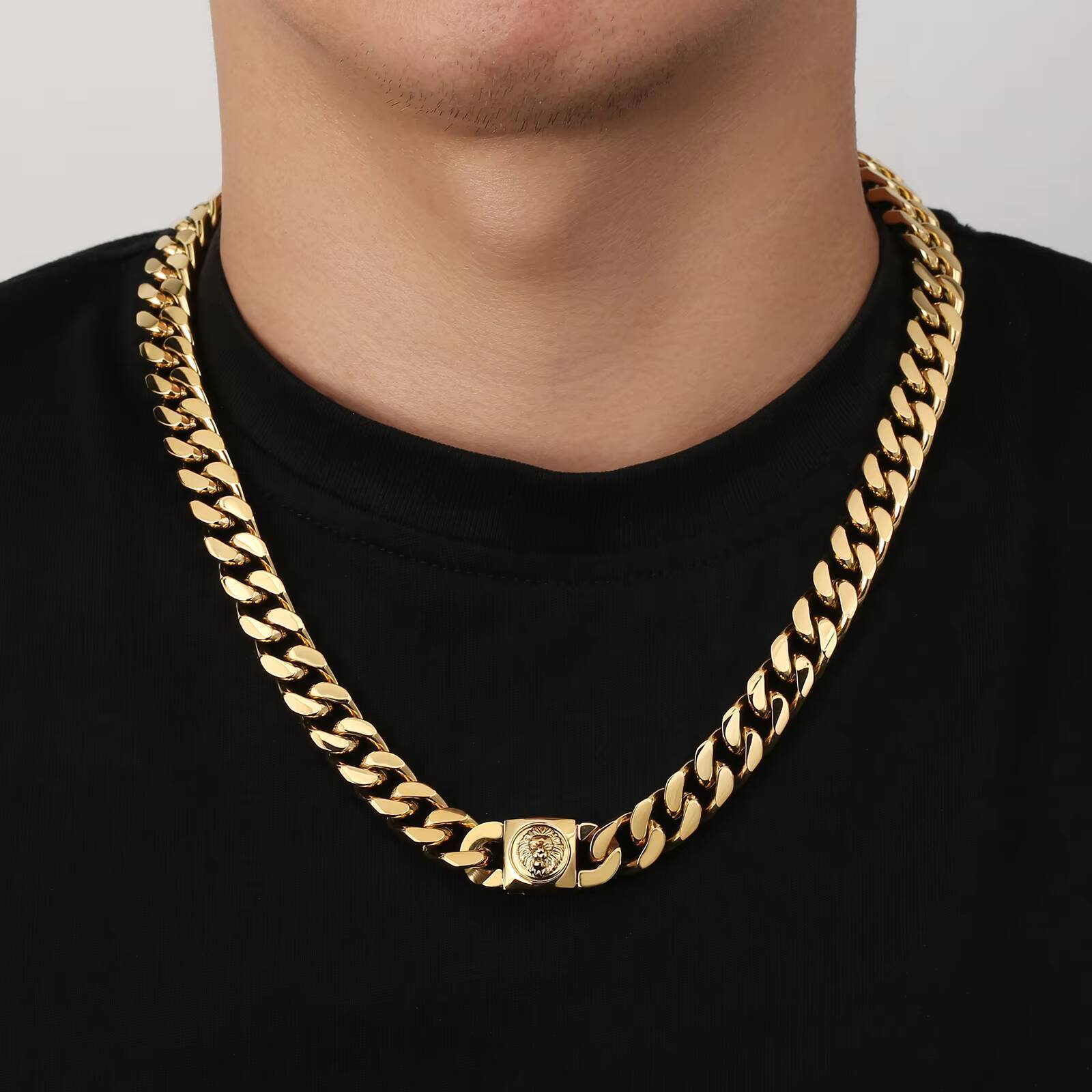 Newest 12mm Cuban Link Curb Chain for Men 18K Gold Filled Lion Necklace Boy Cross Button Clasp Bracelet Miami Cuban Link Chain