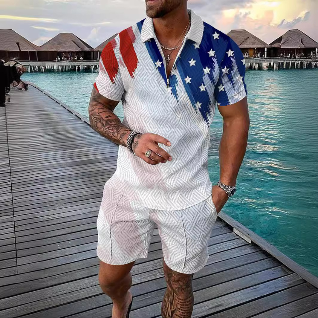 2023 mens new casual color contrast POLO zip polo short sleeve suit