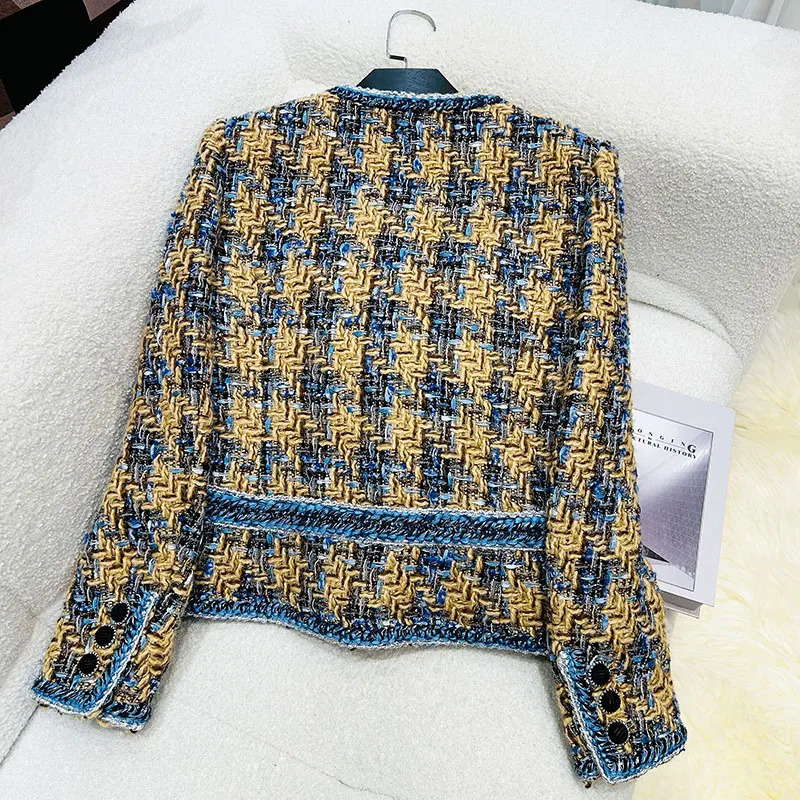 fashionable round neck contrasting color celebrity highend temperament n casual tweed jacket 251110