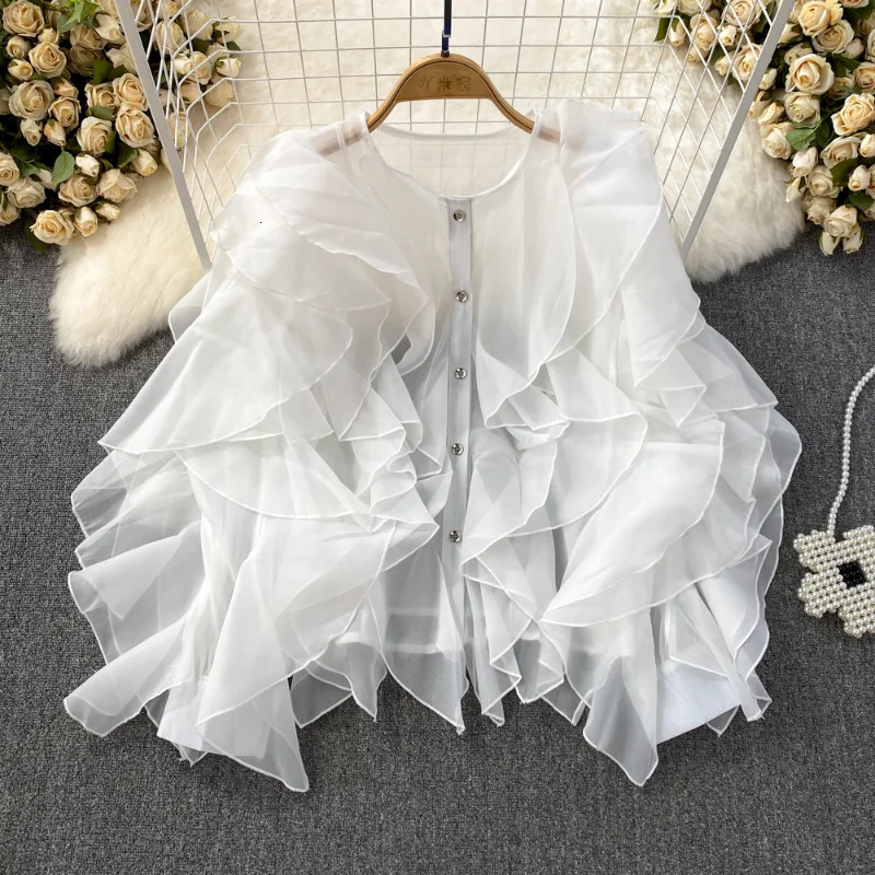 Neploe round neck irregular pleated long sleeved loose single chest shirt French sweet and gentle casual womens clothing 250410