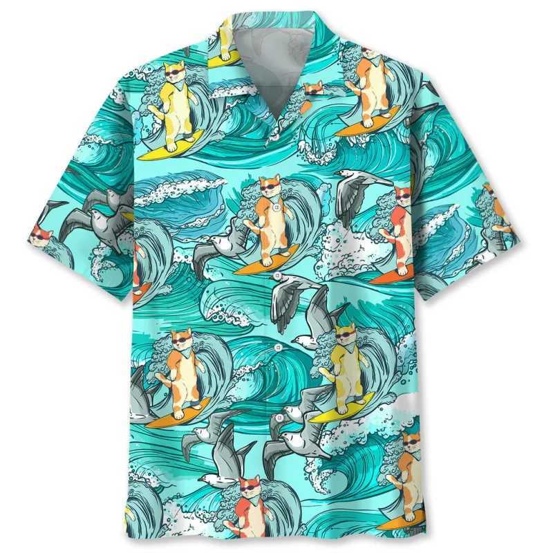 Interesting animal cat sunflower Hawaii 3D printed shirt mens summer short sleeved cute cat surfing beach shirt mens clothing X250410