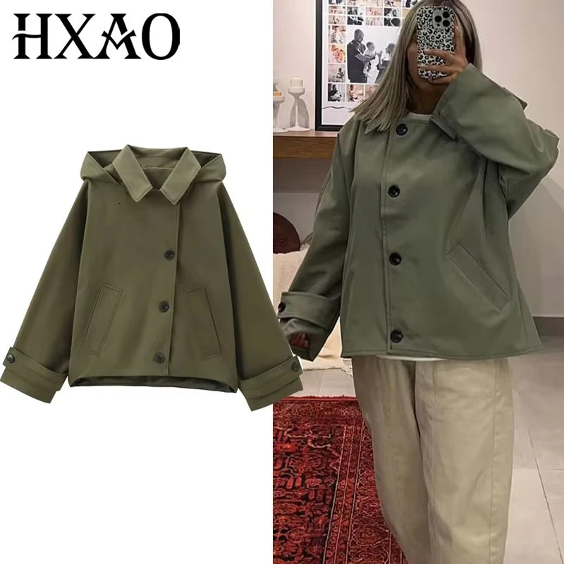 HXAO Female Windbreaker Outerwears Hood Cropped Jacket Women Solid Trench Coat Autumn Long Sleeve DemiSeason Casual Coats 251110