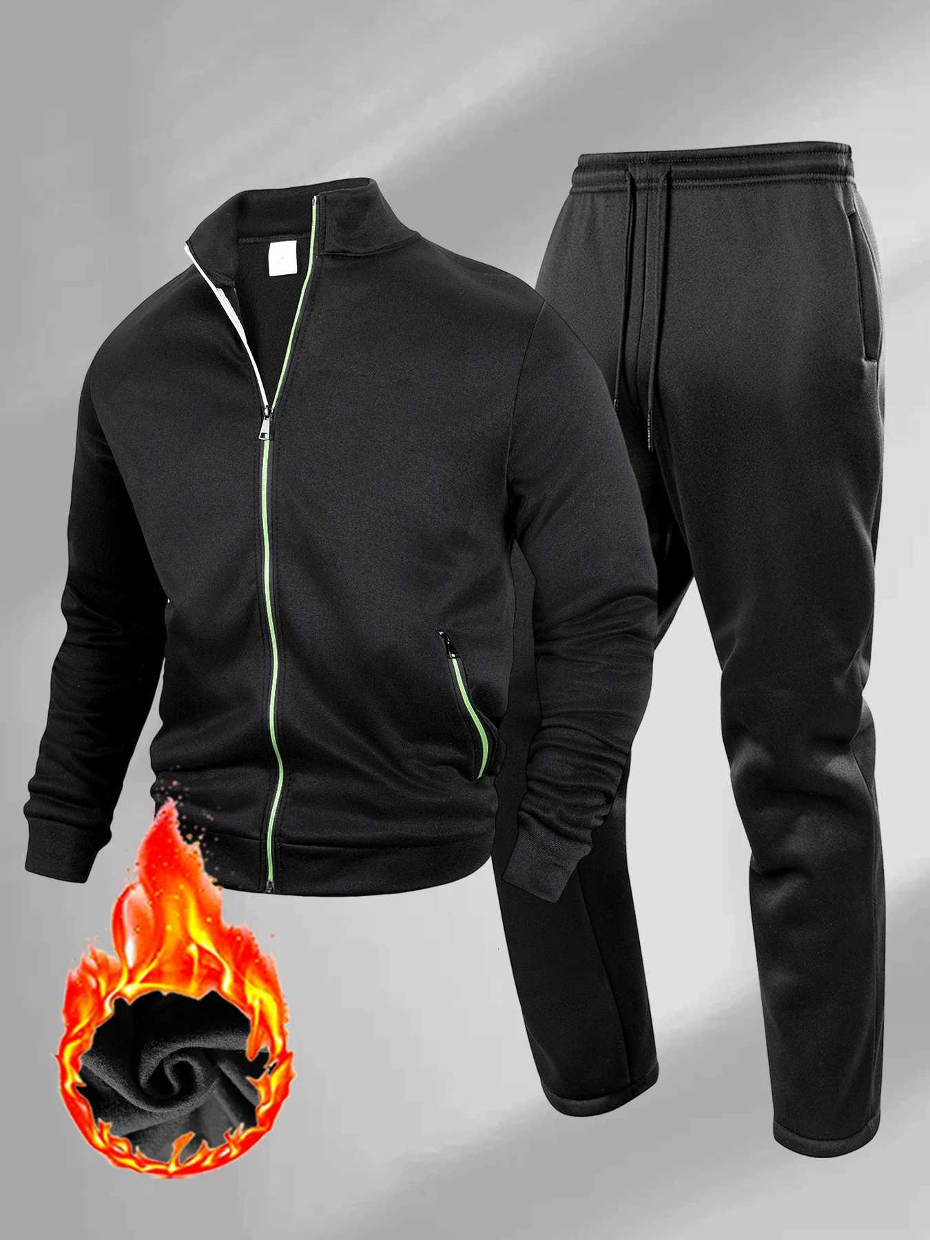 Mens Zippered Jacket and Drawstring Trousers Two-piece Sets Autumn Fitness Jogging Warm Sportswear Casual Sports Clothing Suit W251110