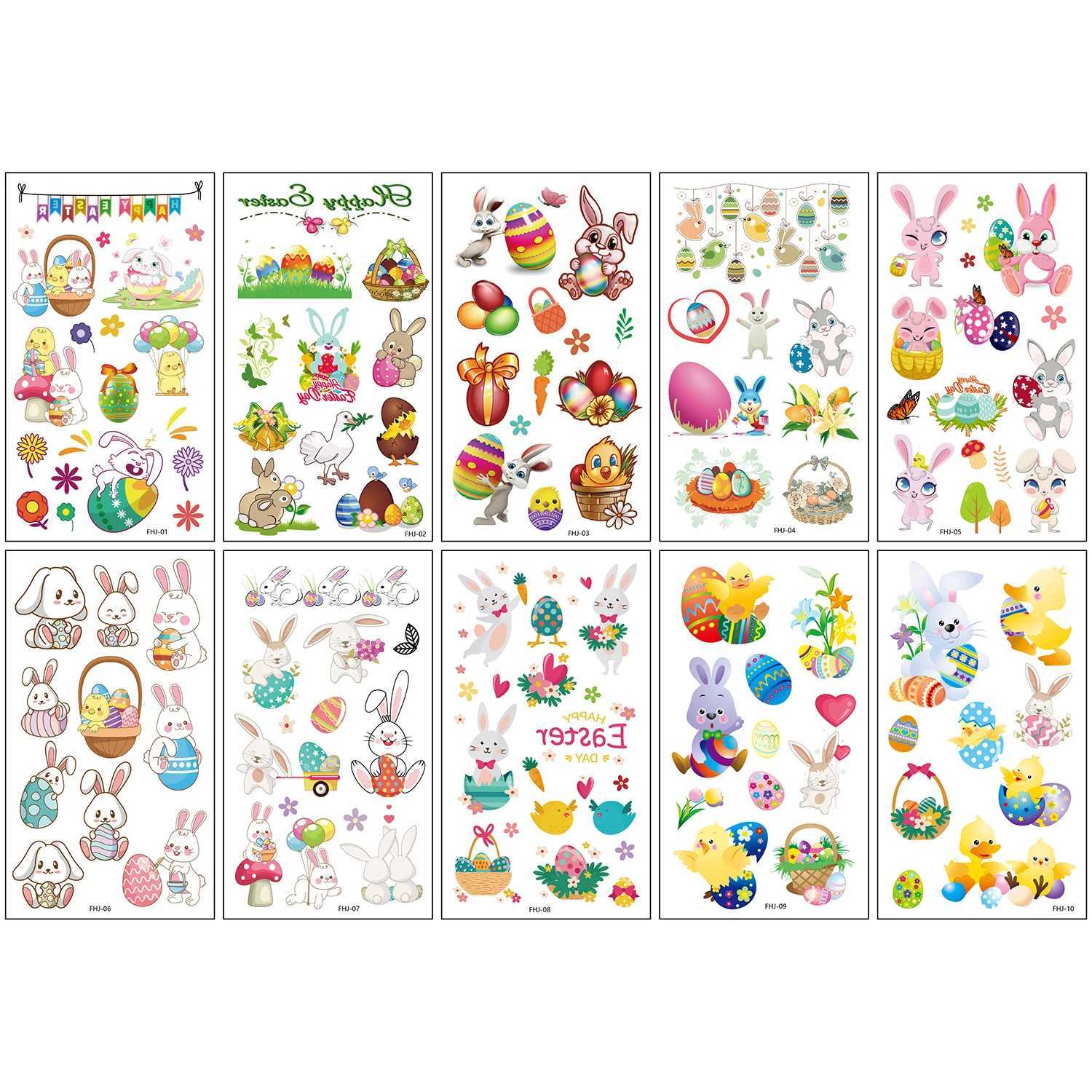10 sheets (120 patterns) cartoon Easter temporary tattoo stickers cute rabbit Easter egg patterns Easter gift decoration stickers W250410