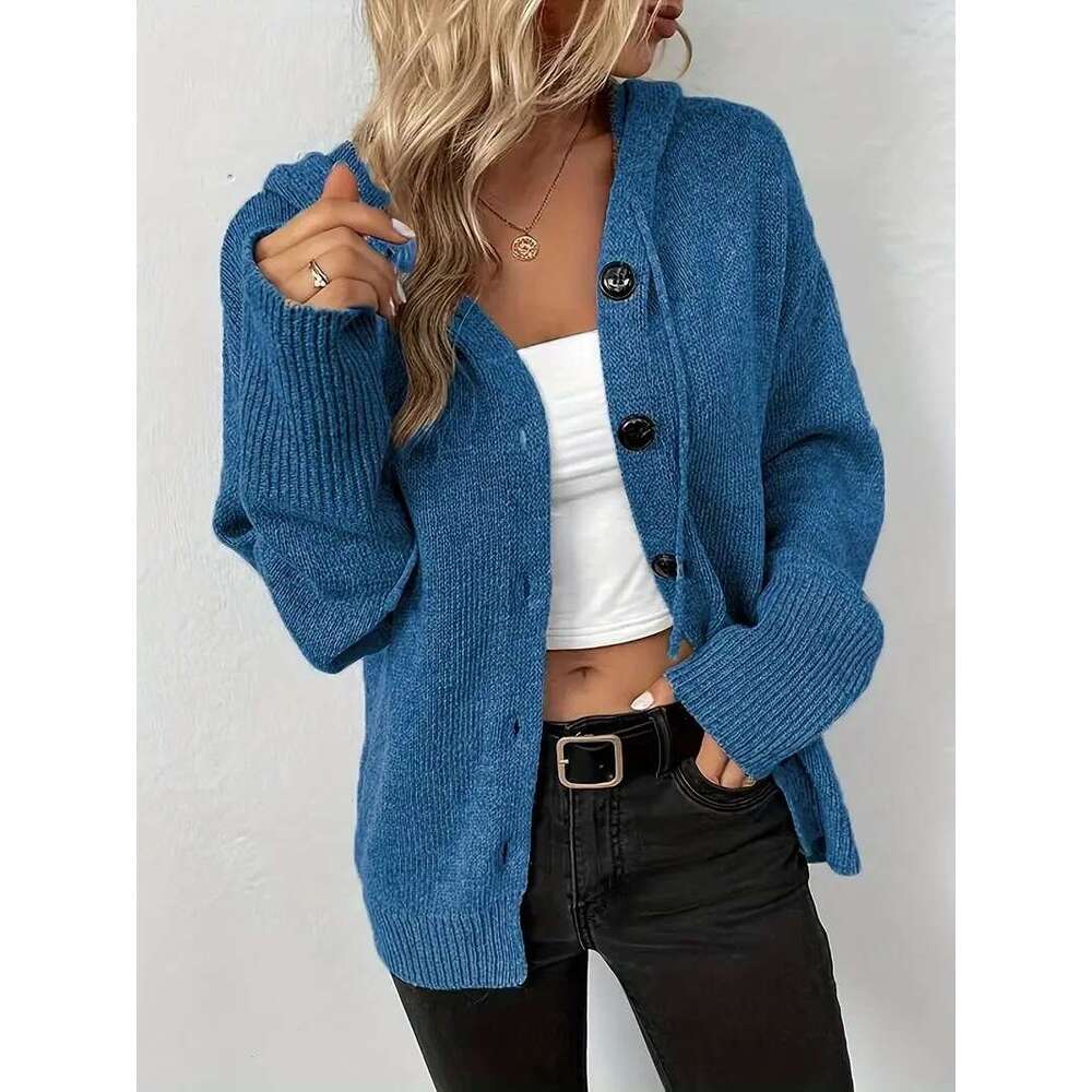 Solid Color Hooded Single-Breasted Cross-Border Sweater 2025 Autumn Winter New Drawstring Knitted Cardigan Coat for Women