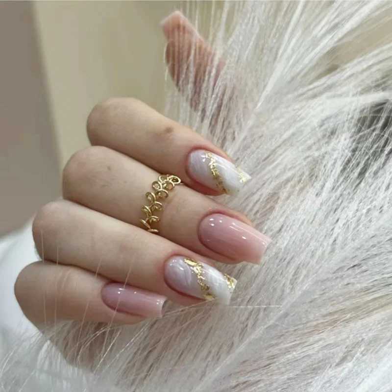 24 pink glitter fake nails with jelly stickers pressed onto the fake nails wearable round head oval full cover nail tips W250410