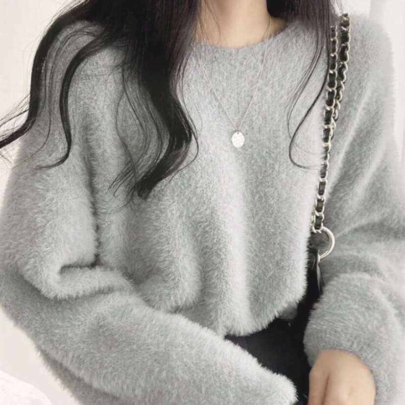 European and American Cross-Border Imitation Mink Fur Sweater for Women 2024 New Autumn Winter Round Neck Pullover Lazy Style Long Sleeve Knitted Top