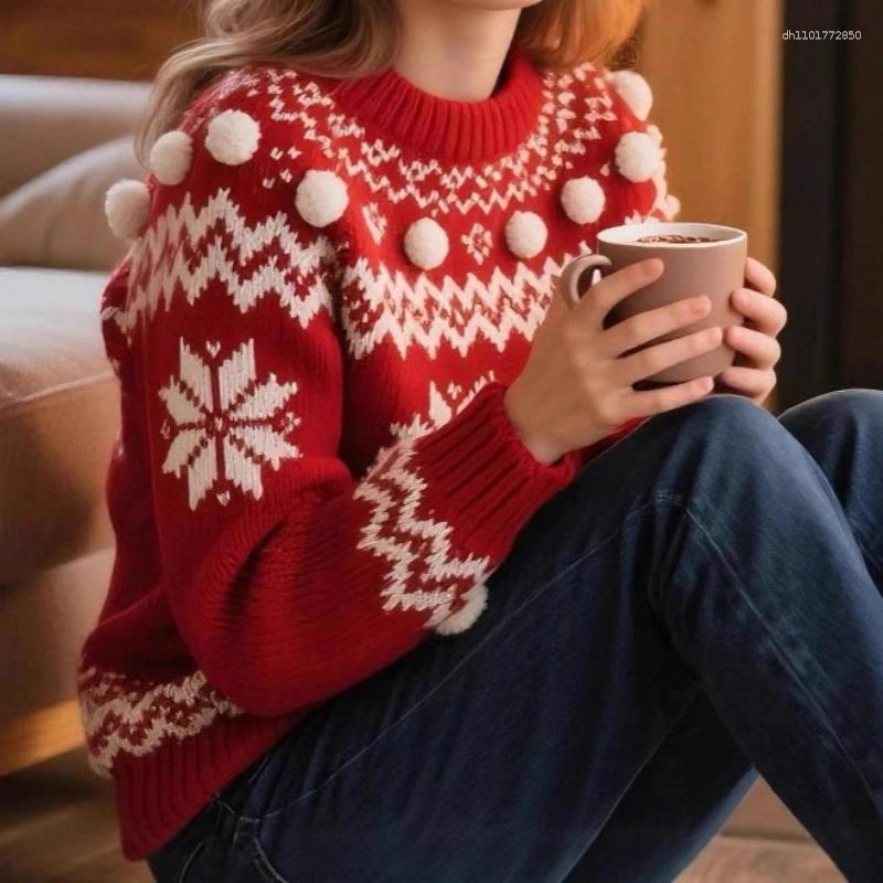 Women's Sweaters 2025 Christmas Sweater Atmosphere Hairball Contrasting Colors Autumn And Winter Crew Neck