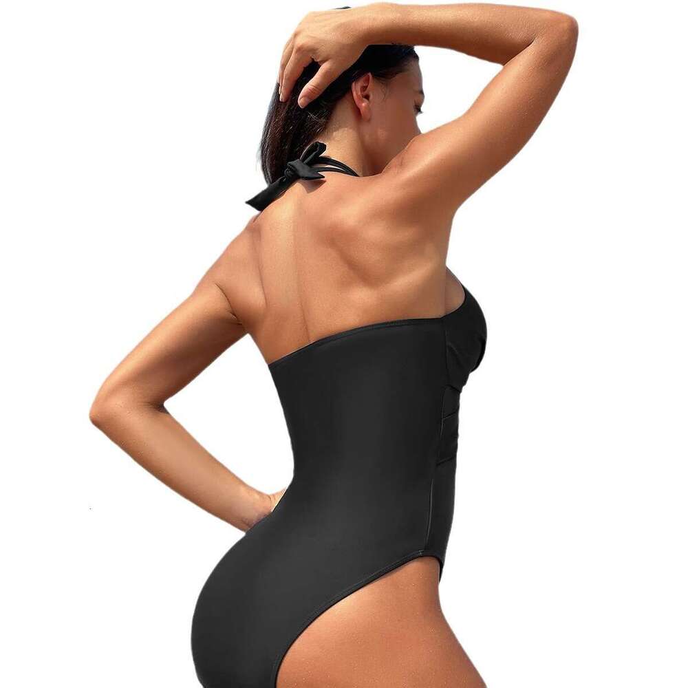 European and American one-piece women's solid color mesh swimsuit bikini wholesale 2025 new style chic elegant clothing
