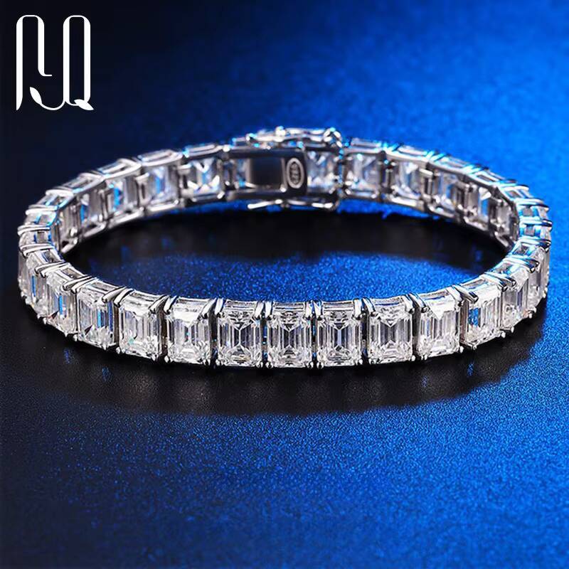 PYQ 35mm 57mm Emerald Cut 925 Sterling Silver Moissanite Bracelet PT950 Plated Women Jewelry Gemstone Moissanite Tennis Chain