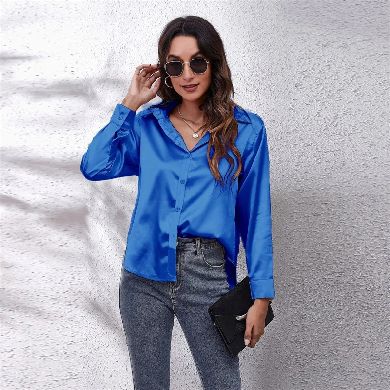 Spring satin womens loose button up shirt womens silk long sleeved shirt 250409