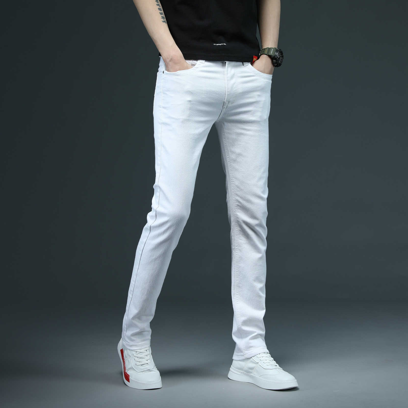 Mens stretch tight jeans white youthful casual fashion denim regular cotton Trouthers all season mens loose pantsW240715