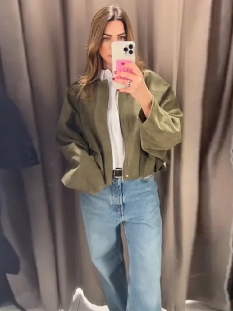 Women Fashion Green Suede Leather Short Jacket Oversized Zipper Long Sleeve Pockets Bomber Coat Lady Motorcycle Outwear 2025 250409