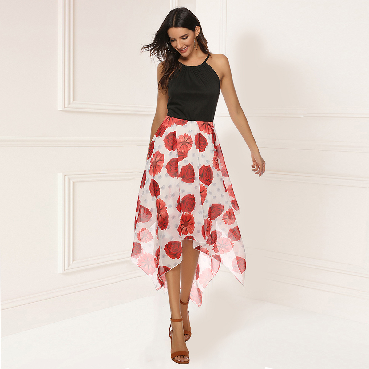 Women's sexy suspender top with patchwork printed half skirt chiffon dress