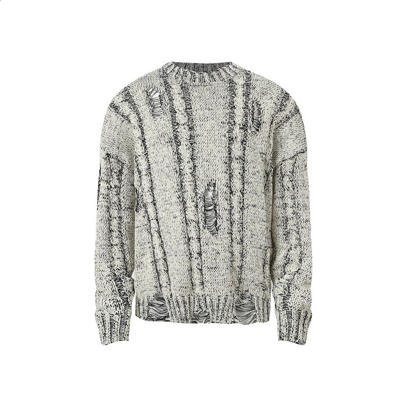 PFNW Niche n Mens Sweater Hole Knitted Round Collar Menwear Solid Color Pullover Loose Male Tops Autumn 12C1055 250407