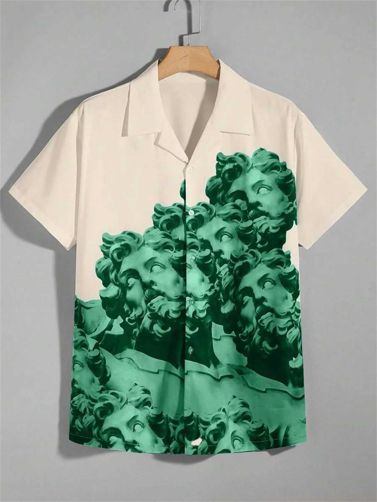 Handsome mens short sleeved shirt with retro sculptural print casual mens lapel top large loose mens shirt new summer style X250410