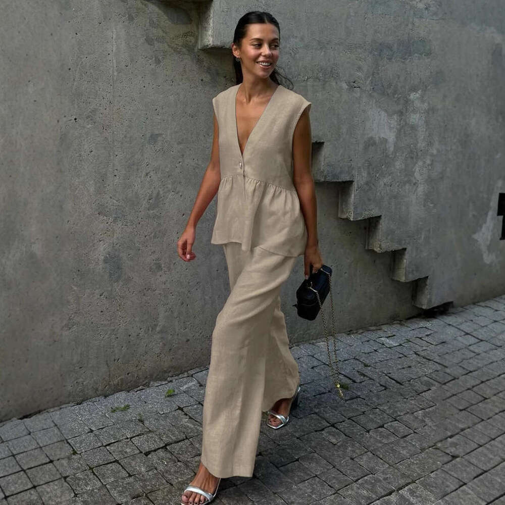 2025 Cross-Border V-Neck Sleeveless Top Vest Long Pants for Women European and American New Style Solid Color Elegant Commuter Two-Piece Set