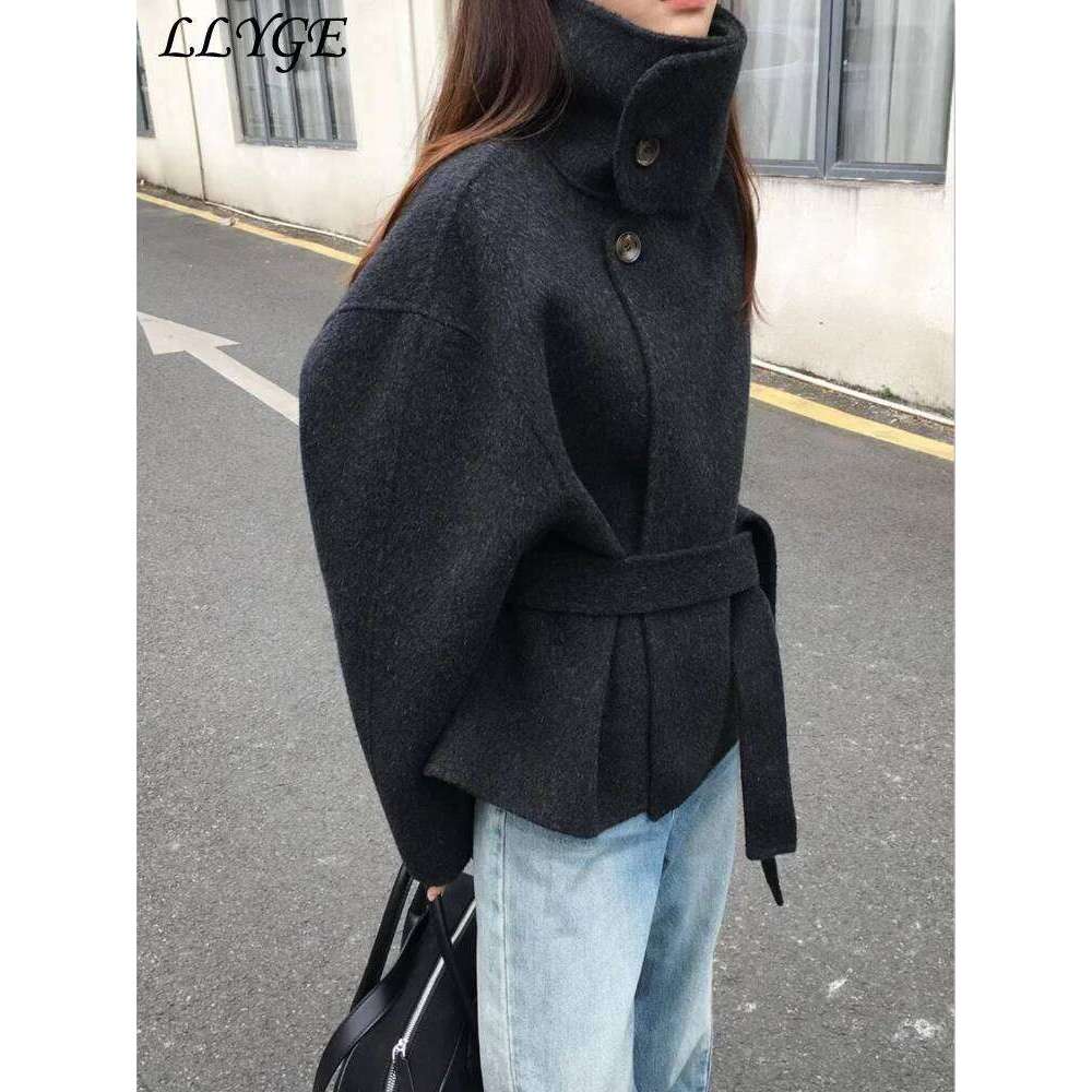 Street Women's Belt Stand Collar Woolen Coats Chic Single Breasted Full Sleeve Jacket 2025 Autumn Winter Lady Commute Outwear