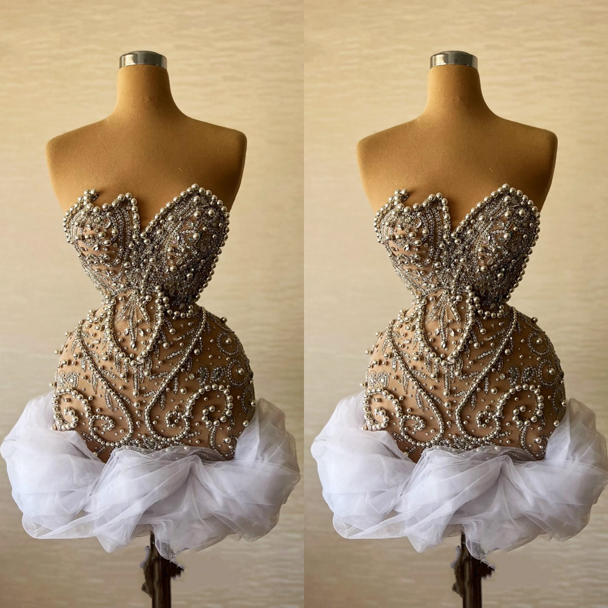 Full Beading Crystal Mini Prom Cocktail Dress Strapless Bakcless Short Ballet Dancer Skirt Heavy Handmade Couture Mini Evening Robes