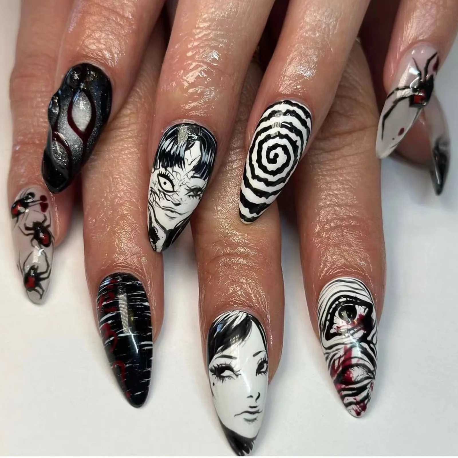 24 pieces of black spider fake nails y2k punk style girls painting fake nails complete set wearable Japanese almond press nail tips W250410