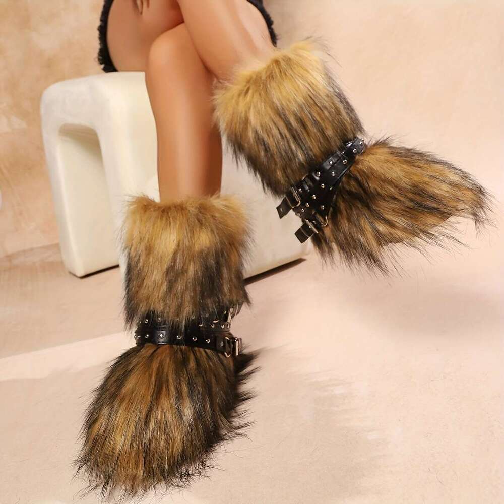 Women's Faux Fur Winter Warm Boots - Cross Strap Design, Mid-Calf Round Toe Slip-On, Non-Slip Rubber Sole With Fleece Lining, Available In Black/