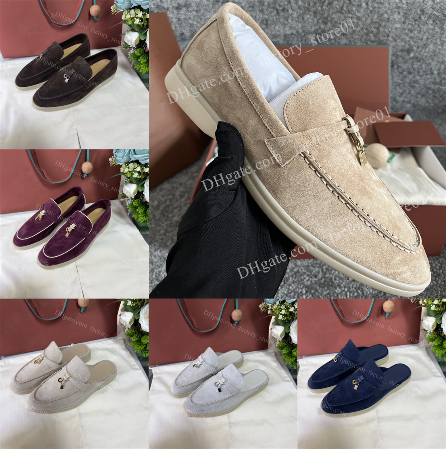 Women Men Summer Walk Charms Loafers Slippers Designers Real Suede Luxury Flats Slip On Shoes Beige Baby Blue Moccasin Sandals Lady Slides With Box Dust Bag Cedar Ball