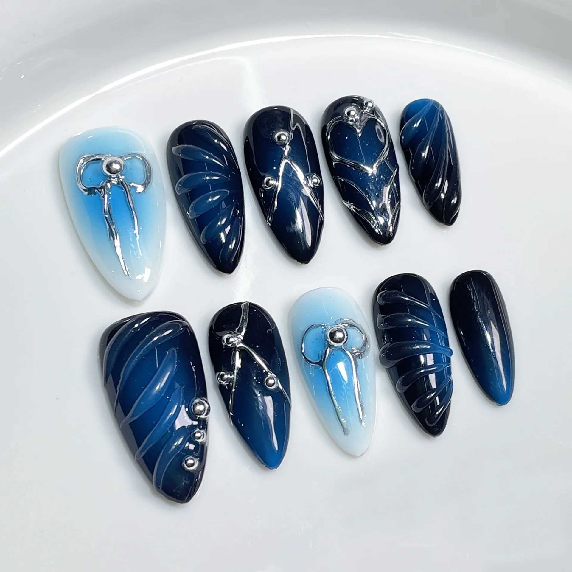 0 pieces of blue powder blusher halo embossed wave false nails Metal bow sweet hand almond pressed on nails W250410