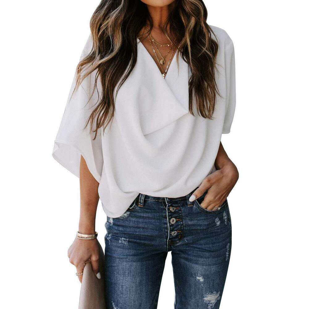 2023 Amazon Wish Independent Station New European and American Chiffon Shirt Loose V-Neck Casual Top T-Shirt Women's Clothing