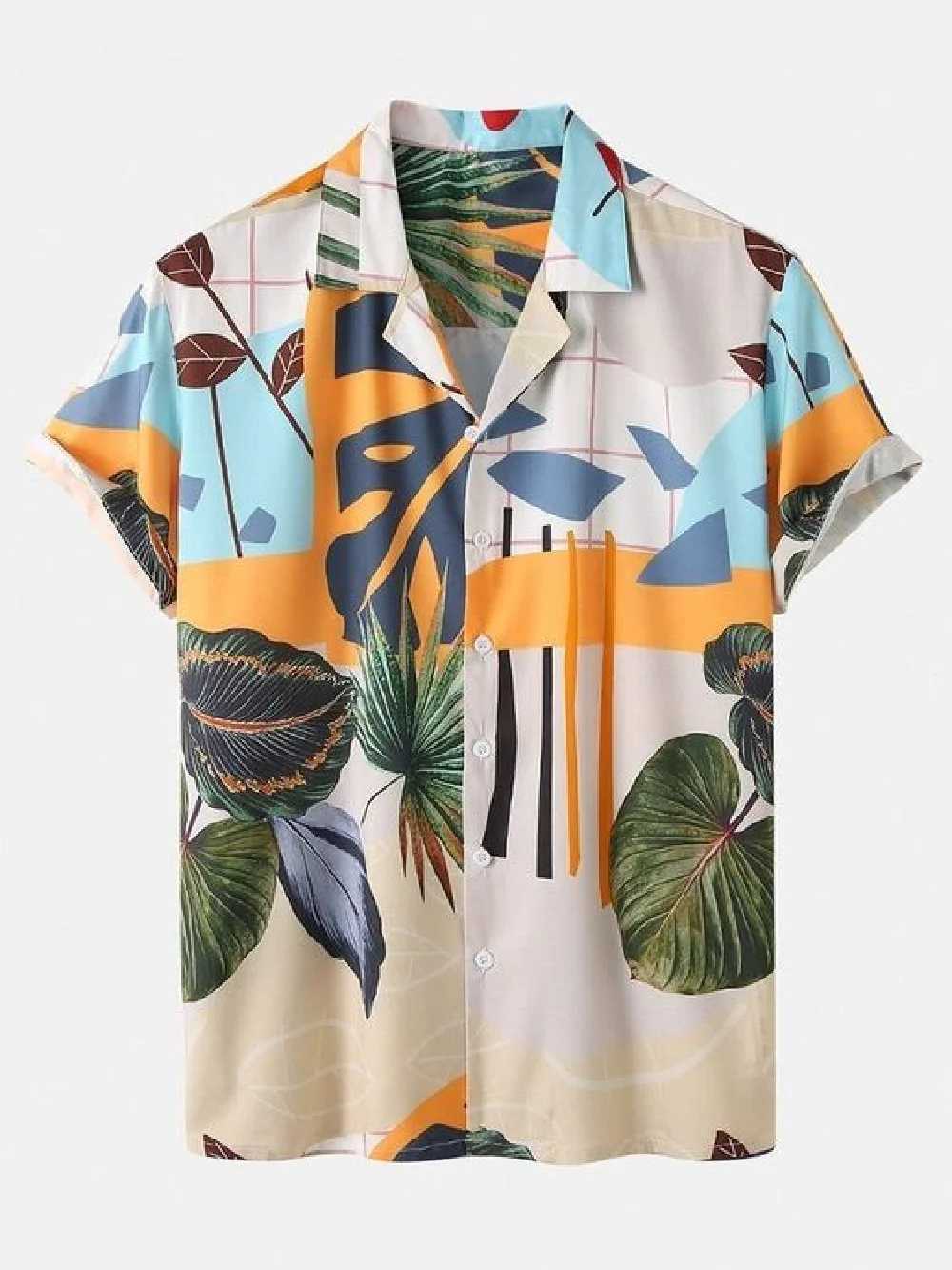 Mens short sleeved shirt summer Hawaiian style lapel button up shirt casual fashion plus size X250410