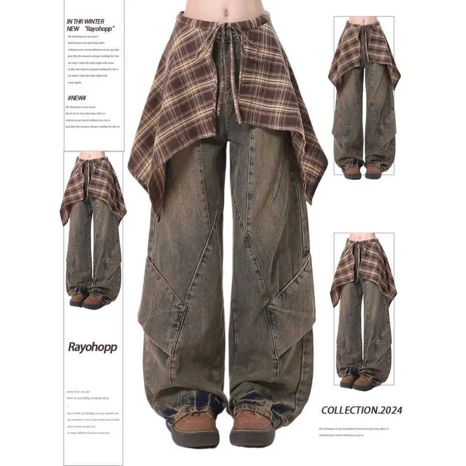 American Vintage Jeans for Women Fake Two Pieces with Skirt Autumn New Loose Spicy Girl Streetwear Straight Wide Leg Pants C251110