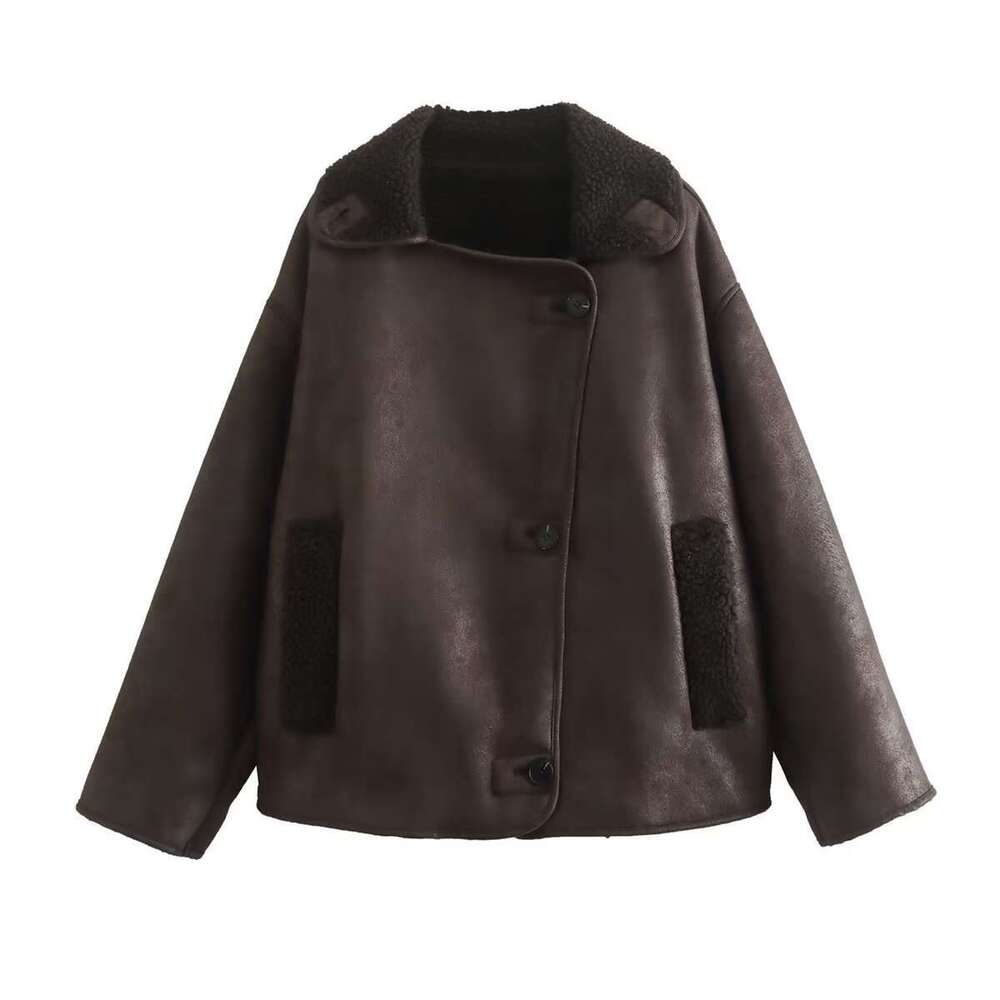 Foreign Trade Women's Clothing Wholesale Spring Autumn New Casual Leather and Fur Integrated Turn-down Collar Reversible Jacket Coat