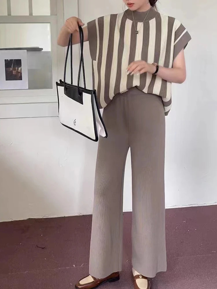 Women Sweater Pant Set Casual Striped Pullovers Suits Autumn Winter Knitted Short Sleeve Elegance OL Tops Elastic Sweaterpants 250408